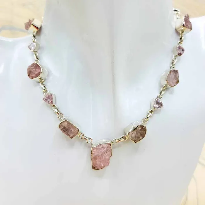 Necklaces Natural Creations Rose Quartz Raw Polished Empress Necklace Sterling Silver