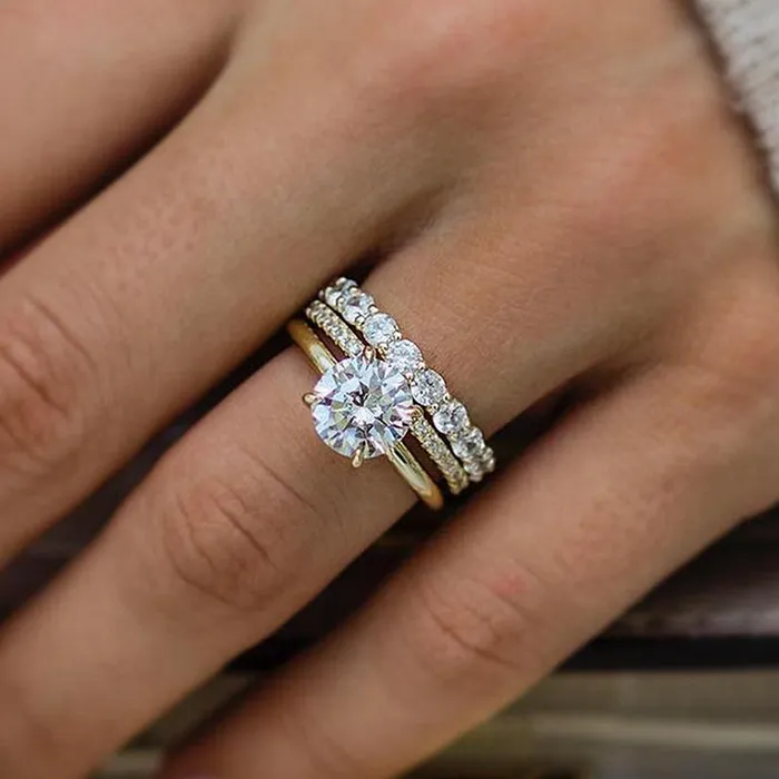 Rings 3PCS Golden Tone Round Cut Sterling Silver Wedding Bridal Set Shineofdiamond