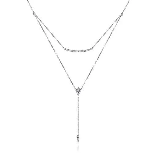 Necklaces GABRIEL CO 14K White Gold Layered Curved Bar and Diamond Drop Y Necklace Necklaces GABRIEL CO 14K White Gold Layered Curved Bar and Diamond Drop Y Necklace