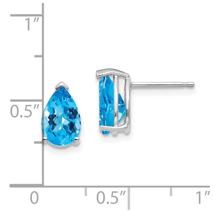 14k White Gold 9x6mm Pear Blue Topaz Checker Earrings Goldia Earrings