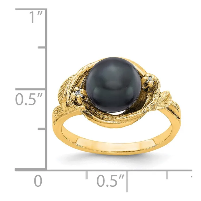 14K Yellow Gold 75mm Black FW Cultured Pearl AAA Real Diamond ring Goldiacom Rings