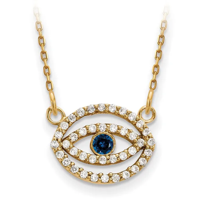 14ky Small Necklace Diamond and Sapphire Gold Halo Evil Eye Goldia Necklaces 14ky Small Necklace Diamond and Sapphire Gold Halo Evil Eye Goldia Necklaces