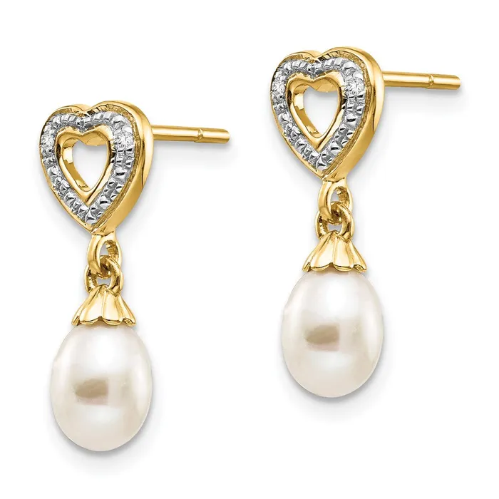 Earrings 14k Yellow Gold 7x5mm Teardrop FWC Pearl 01ct Heart Real Diamond Dangle Earrings Goldia