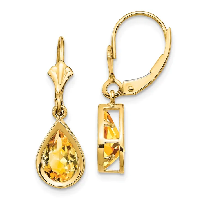 Earrings 14k Yellow Gold 9x6mm Pear Citrine Leverback Earrings Goldia