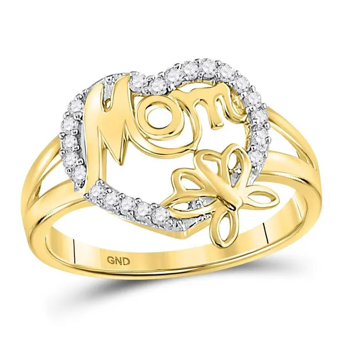 gndatlanta Rings 10kt Yellow Gold Round Diamond Mom Mother Heart Butterfly Ring 16 Cttw