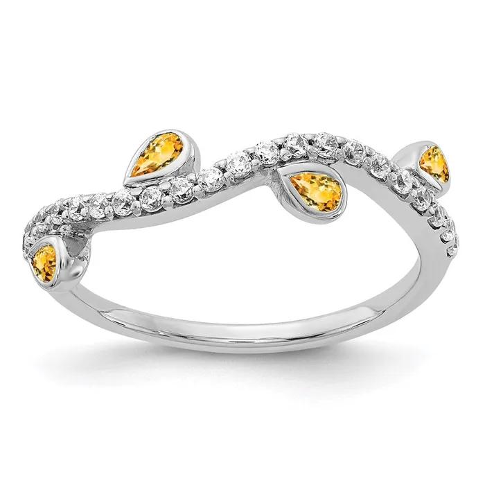Goldia 14k White Gold Real Diamond and Pear Citrine Curved Ring Rings