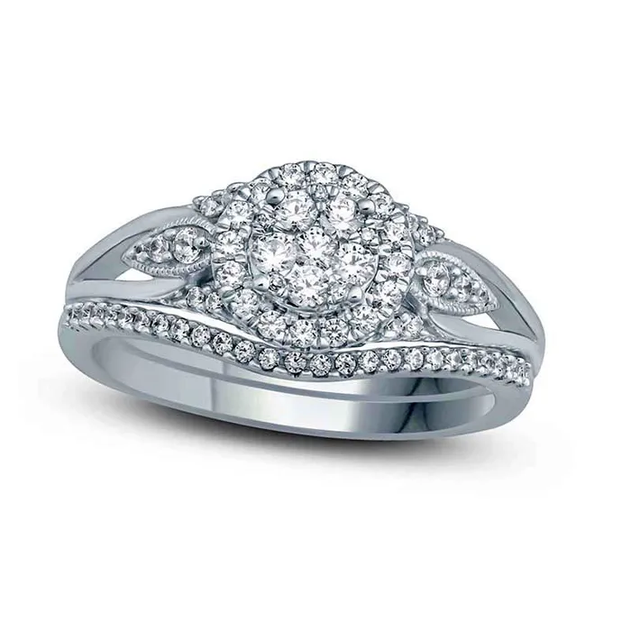 Goldia Rings 050 CT TW Composite Natural Diamond Flower Frame PetalSides Bridal Engagement Ring Set in Solid 10K White Gold