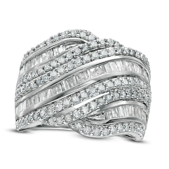 Goldia Rings 15 CT TW Baguette and Round Natural Diamond Alternating Waves Ring in Solid 10K White Gold Goldia Rings 15 CT TW Baguette and Round Natural Diamond Alternating Waves Ring in Solid 10K White Gold