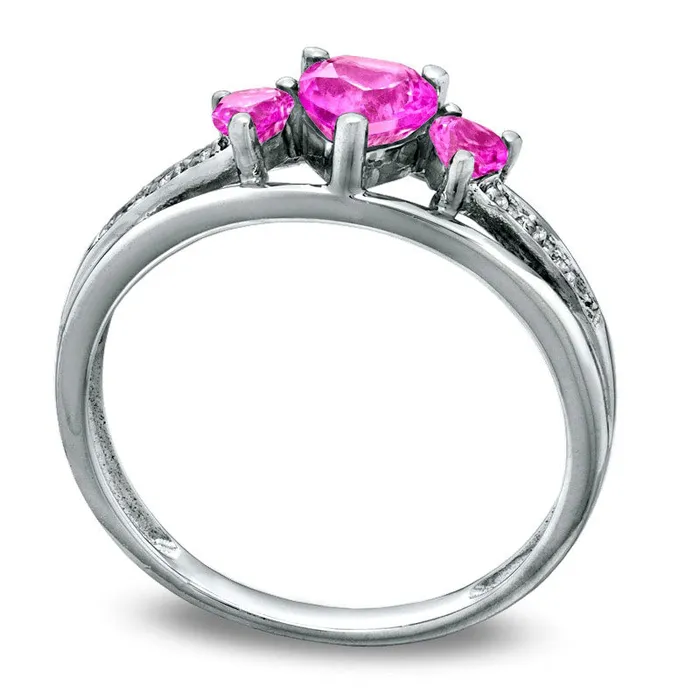 Goldia Rings HeartShaped LabCreated Pink Sapphire and Diamond Accent Three Stone Promise Ring in Solid 10K White Gold Goldia Rings HeartShaped LabCreated Pink Sapphire and Diamond Accent Three Stone Promise Ring in Solid 10K White Gold