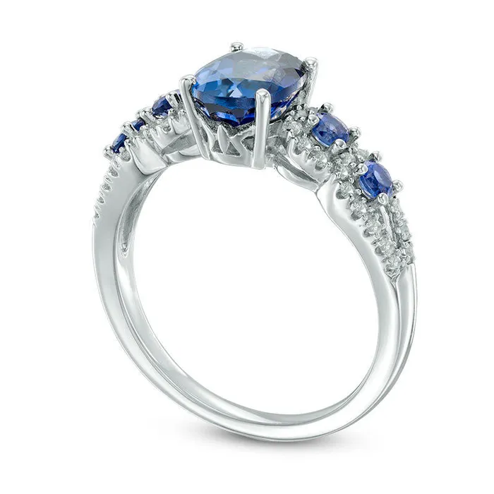 Goldia Rings Oval LabCreated Ceylon and White Sapphire Frame Five Stone Ring in Sterling Silver Goldia Rings Oval LabCreated Ceylon and White Sapphire Frame Five Stone Ring in Sterling Silver