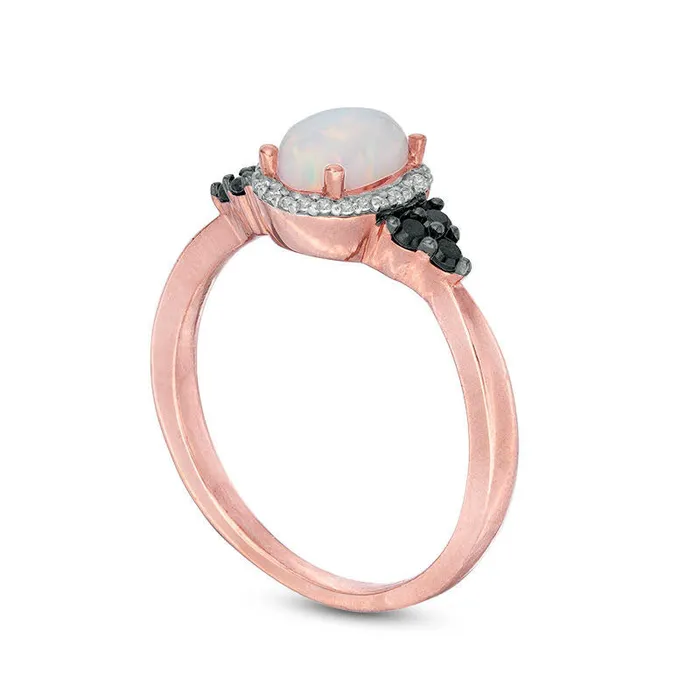 Goldia Rings Oval LabCreated Opal and 017 CT TW Enhanced Black and White Diamond Frame TriSides Ring in Solid 10K Rose Gold Goldia Rings Oval LabCreated Opal and 017 CT TW Enhanced Black and White Diamond Frame TriSides Ring in Solid 10K Rose Gold
