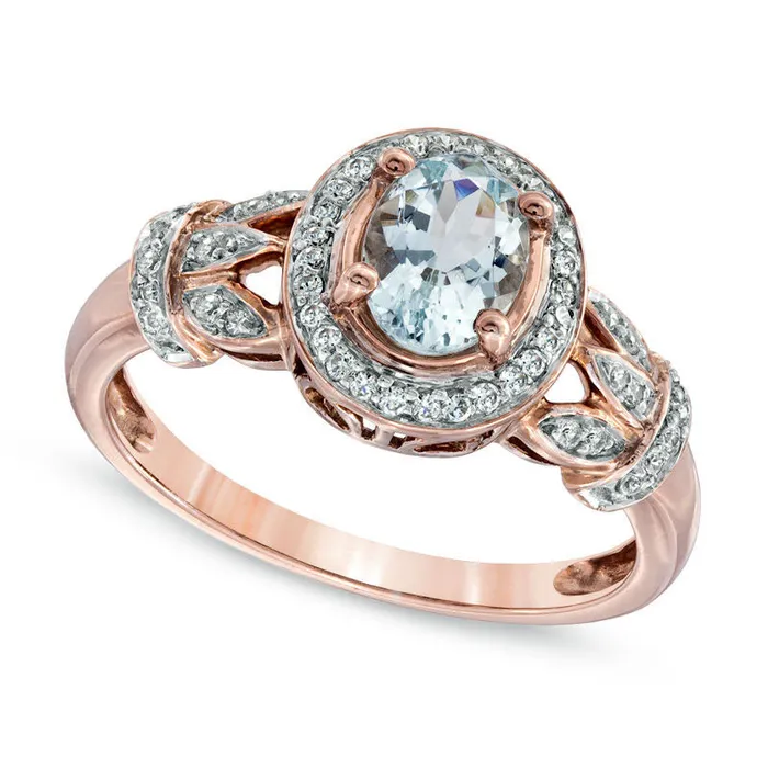 Oval Aquamarine and 017 CT TW Natural Diamond Frame Vine Ring in Solid 10K Rose Gold Goldia Rings Oval Aquamarine and 017 CT TW Natural Diamond Frame Vine Ring in Solid 10K Rose Gold Goldia Rings