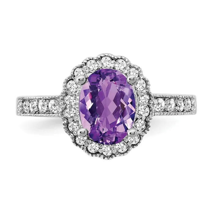 Rings 14k White Gold 8x6mm Oval Amethyst AA Diamond ring Goldia