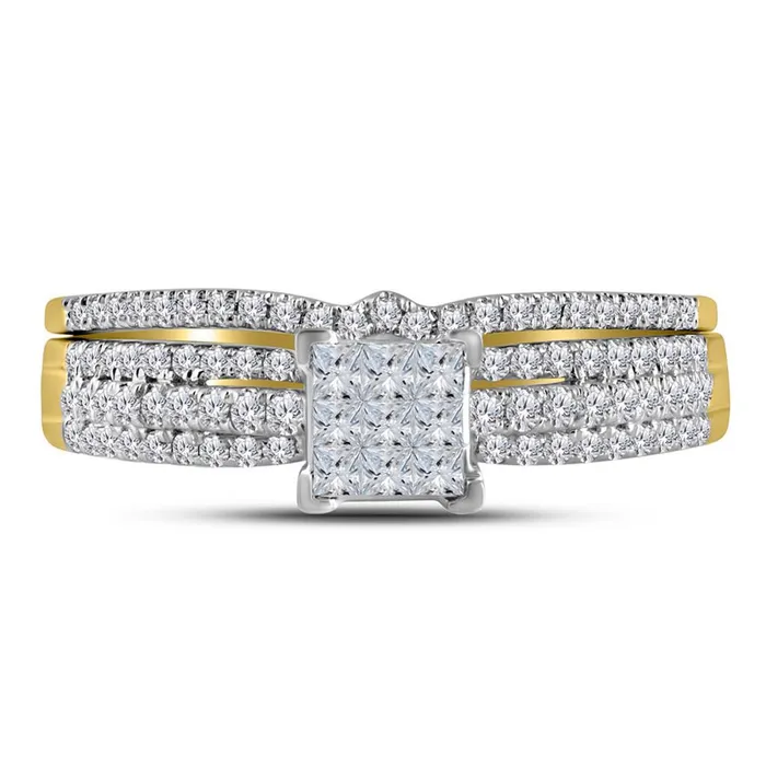 Rings gndatlanta 14k Yellow Gold Princess Diamond Cluster Bridal Wedding Ring Set 12 Cttw