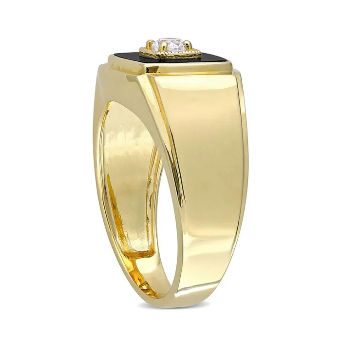 Rings Goldia Mens 100mm CushionCut Onyx and LabCreated White Sapphire Stepped Edge Ring in Sterling Silver with Yellow Rhodium Rings Goldia Mens 100mm CushionCut Onyx and LabCreated White Sapphire Stepped Edge Ring in Sterling Silver with Yellow Rhodium